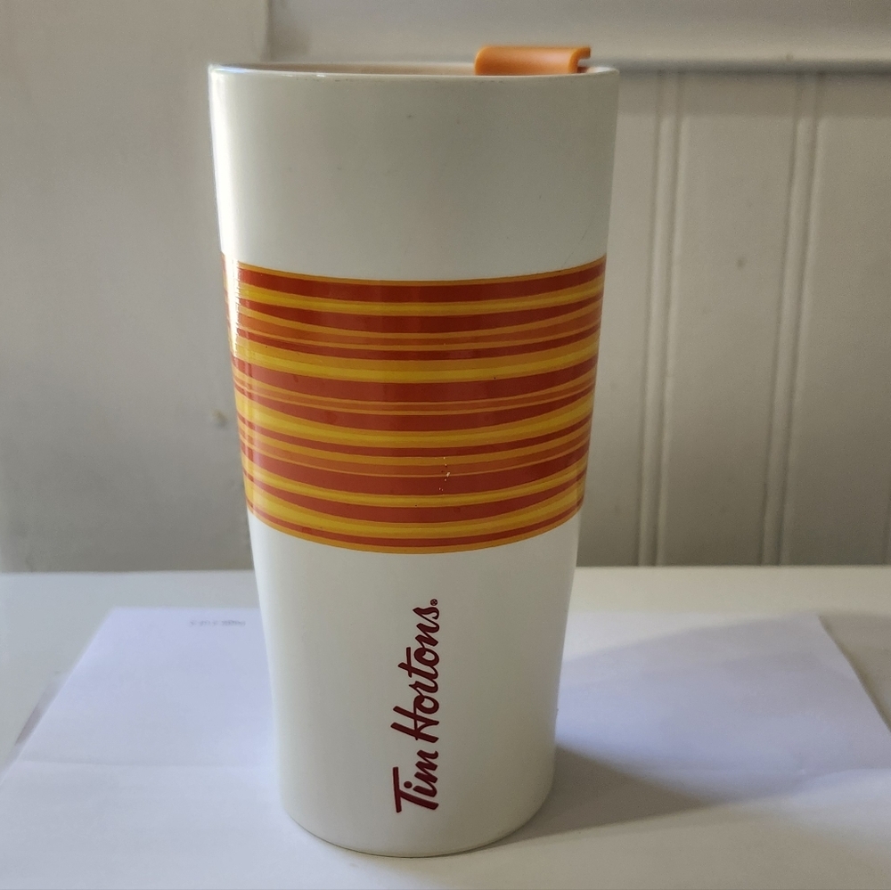 2015 Limited Edition Orange Stripe Ceramic Tim Hortons Travel Drink Mug Tumbler